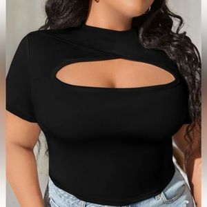SHEIN SXY Plus Solid Cut Out Stand Neck Tee